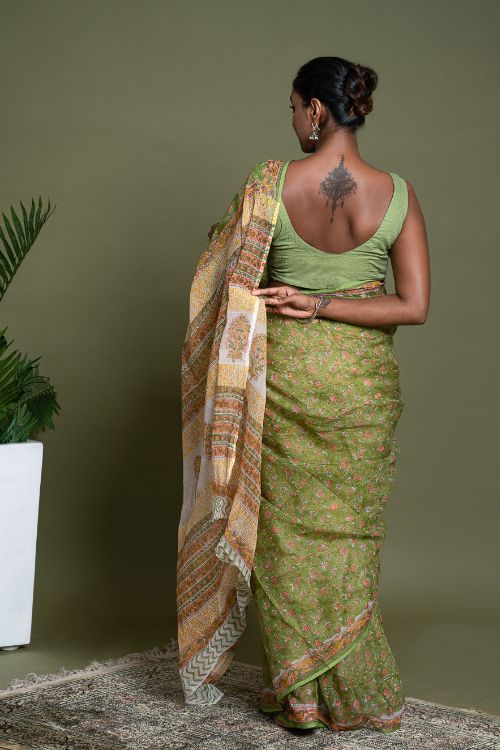ICH Light & Breezy. Sanganeri Hand Block Printed Kota Doria - Green Flora