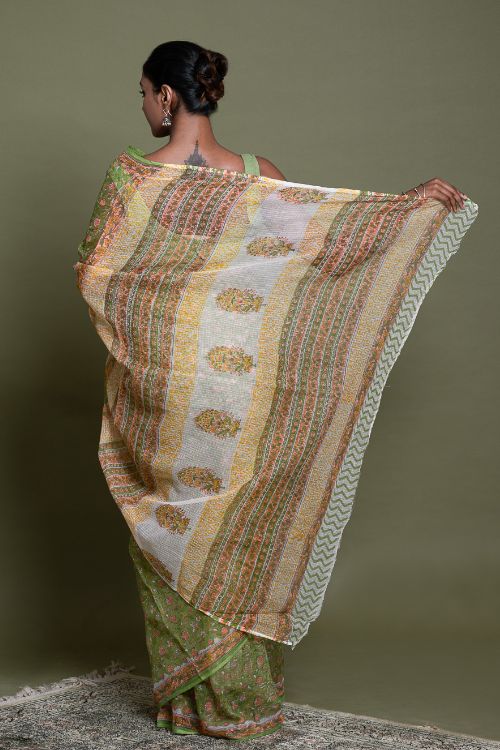 ICH Light & Breezy. Sanganeri Hand Block Printed Kota Doria - Green Flora