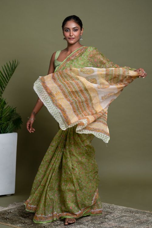 ICH Light & Breezy. Sanganeri Hand Block Printed Kota Doria - Green Flora
