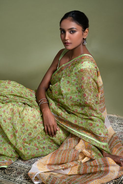 ICH Light & Breezy. Sanganeri Hand Block Printed Kota Doria - Green Flora