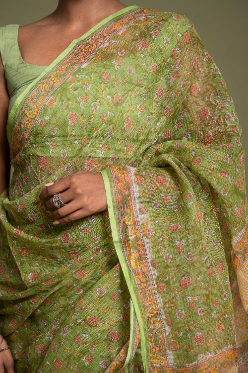 ICH Light & Breezy. Sanganeri Hand Block Printed Kota Doria - Green Flora