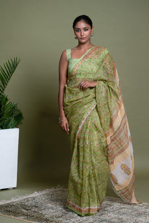 ICH Light & Breezy. Sanganeri Hand Block Printed Kota Doria - Green Flora