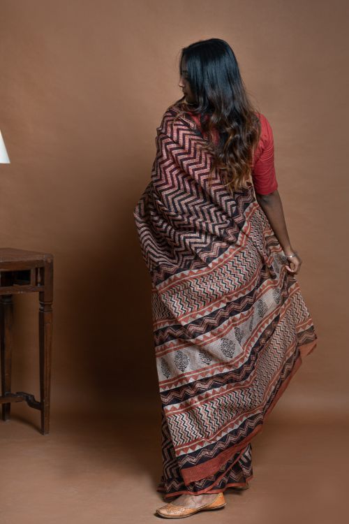 ICH Light & Breezy Bagru Hand Block Printed Kota Doria Saree - Black Zigzags