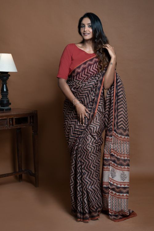 ICH Light & Breezy Bagru Hand Block Printed Kota Doria Saree - Black Zigzags