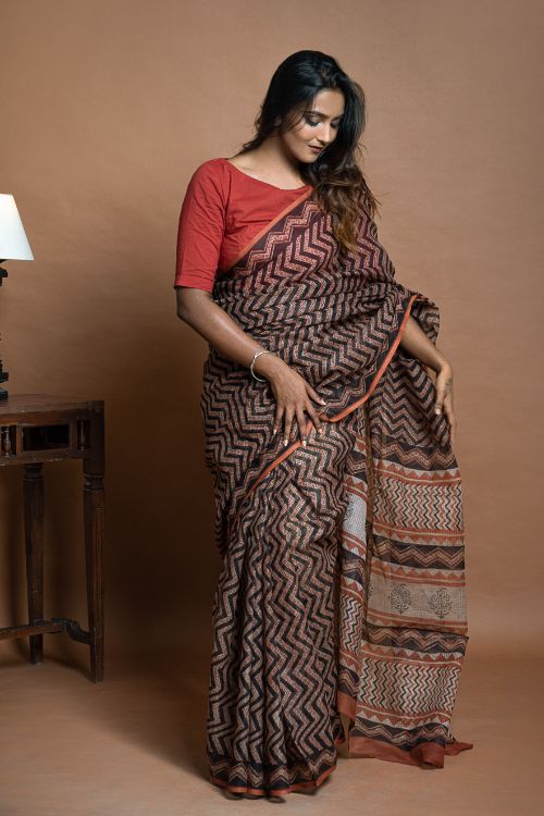 ICH Light & Breezy Bagru Hand Block Printed Kota Doria Saree - Black Zigzags