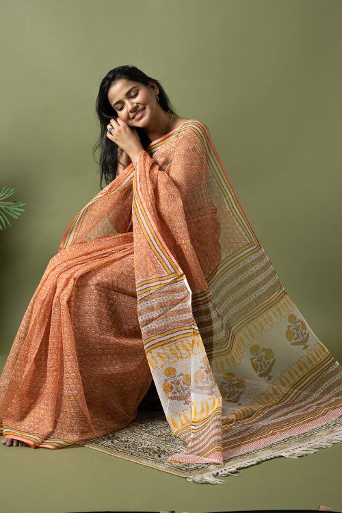 ICH Light & Breezy. Sanganeri Hand Block Printed Kota Doria - Peach Flora