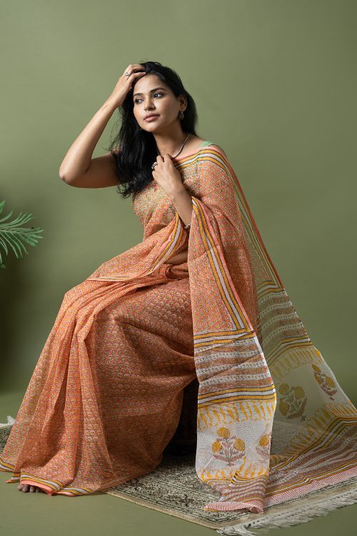ICH Light & Breezy. Sanganeri Hand Block Printed Kota Doria - Peach Flora