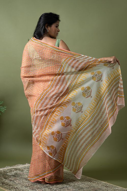 ICH Light & Breezy. Sanganeri Hand Block Printed Kota Doria - Peach Flora