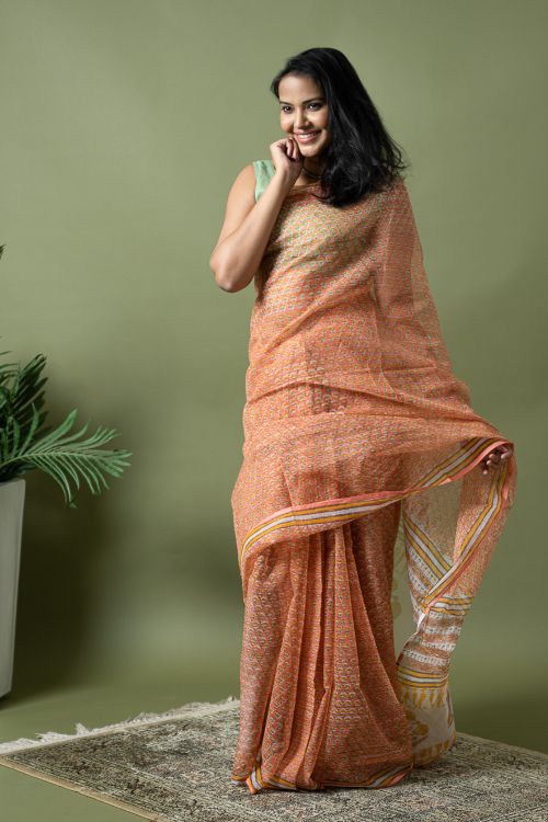 ICH Light & Breezy. Sanganeri Hand Block Printed Kota Doria - Peach Flora