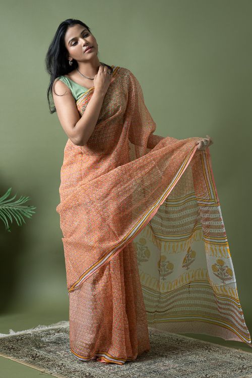 ICH Light & Breezy. Sanganeri Hand Block Printed Kota Doria - Peach Flora