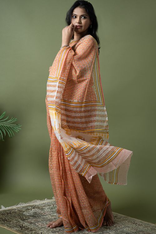 ICH Light & Breezy. Sanganeri Hand Block Printed Kota Doria - Peach Flora