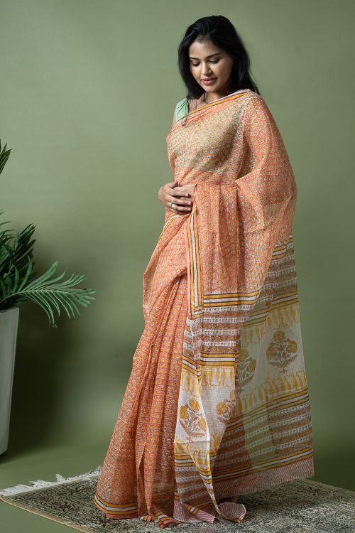 ICH Light & Breezy. Sanganeri Hand Block Printed Kota Doria - Peach Flora