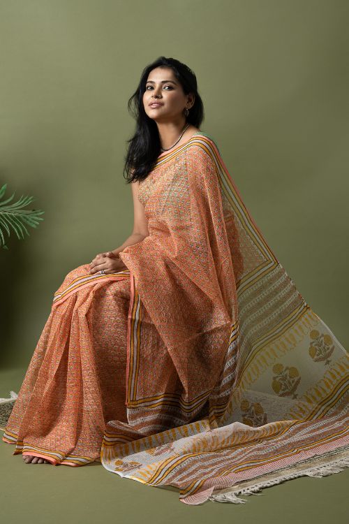 ICH Light & Breezy. Sanganeri Hand Block Printed Kota Doria - Peach Flora