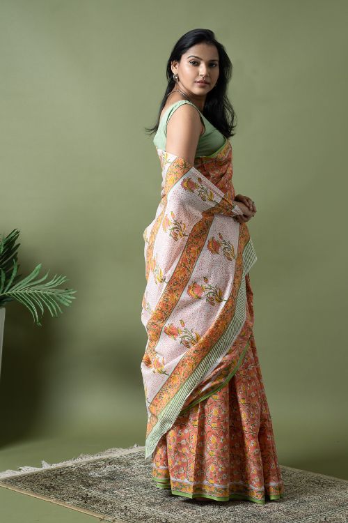 ICH Sanganer Statements. Hand Block Printed Mul Cotton Saree - Peach Flora