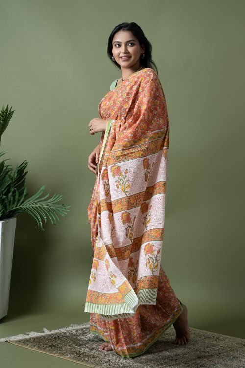 ICH Sanganer Statements. Hand Block Printed Mul Cotton Saree - Peach Flora