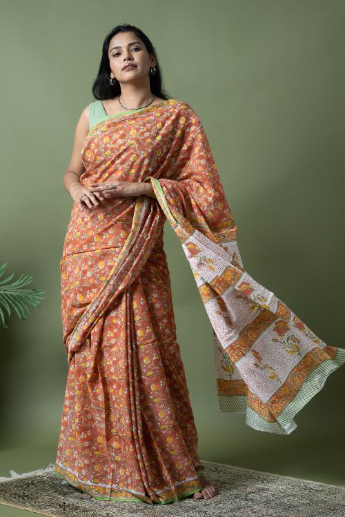 ICH Sanganer Statements. Hand Block Printed Mul Cotton Saree - Peach Flora