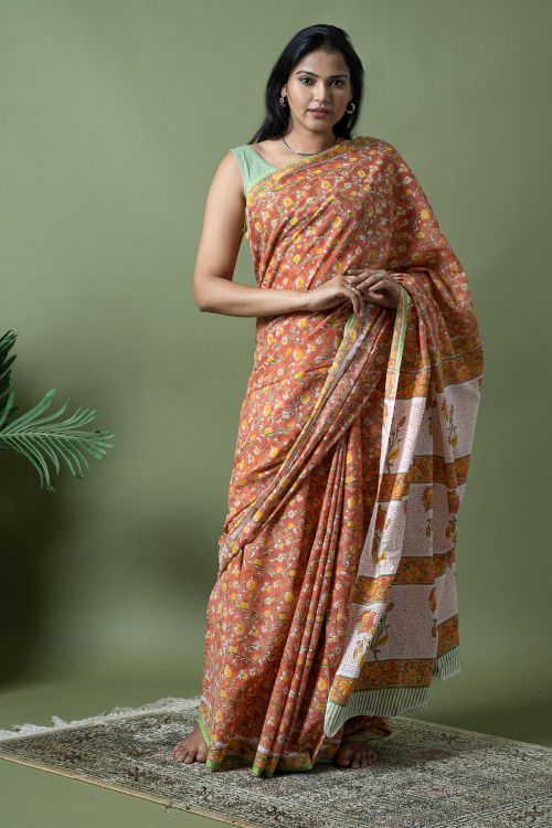 ICH Sanganer Statements. Hand Block Printed Mul Cotton Saree - Peach Flora
