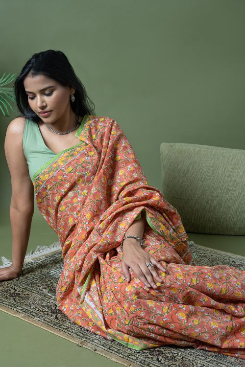 ICH Sanganer Statements. Hand Block Printed Mul Cotton Saree - Peach Flora