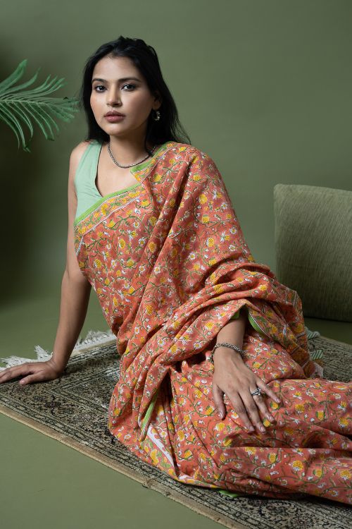 ICH Sanganer Statements. Hand Block Printed Mul Cotton Saree - Peach Flora