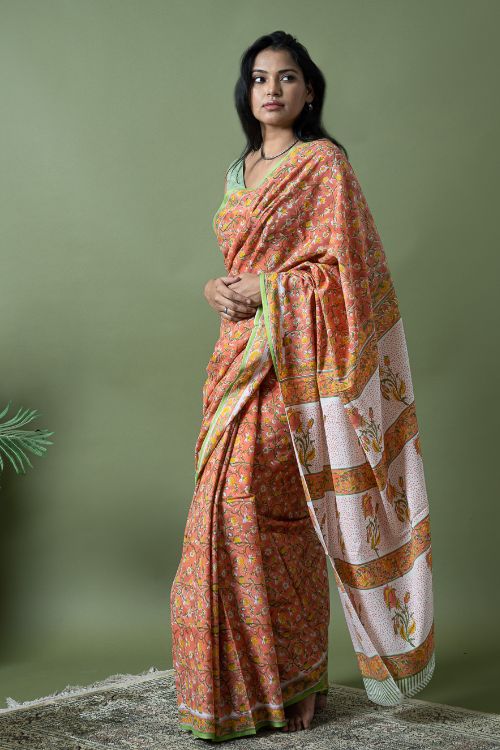 ICH Sanganer Statements. Hand Block Printed Mul Cotton Saree - Peach Flora