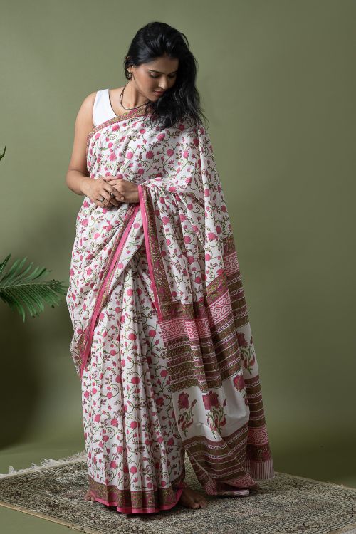 ICH Sanganer Statements. Hand Block Printed Mul Cotton Saree - White Flora