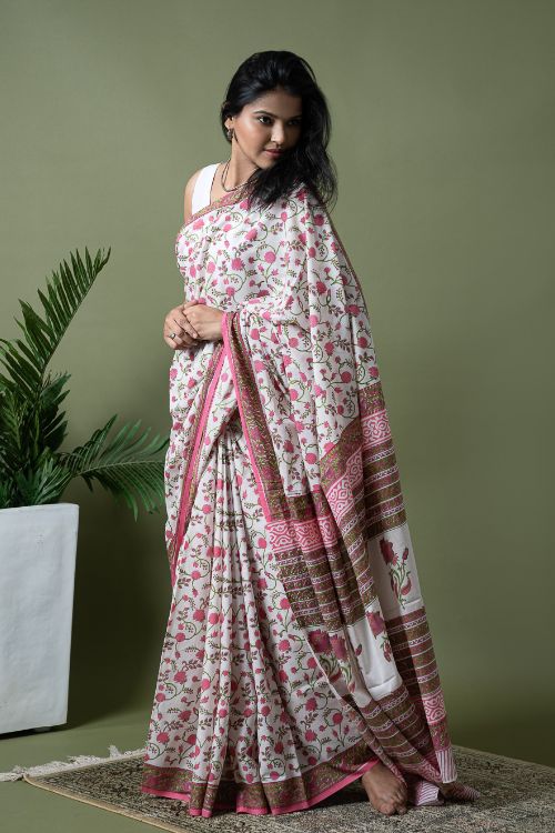 ICH Sanganer Statements. Hand Block Printed Mul Cotton Saree - White Flora