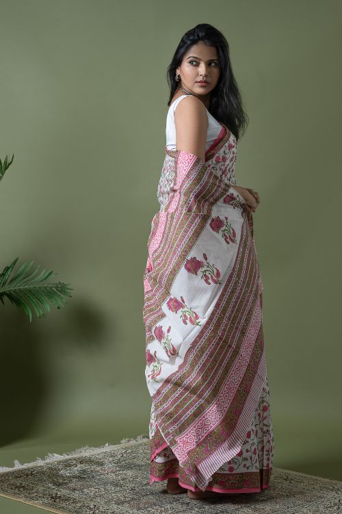 ICH Sanganer Statements. Hand Block Printed Mul Cotton Saree - White Flora