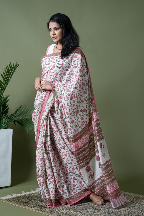 ICH Sanganer Statements. Hand Block Printed Mul Cotton Saree - White Flora