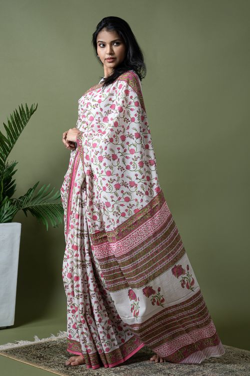 ICH Sanganer Statements. Hand Block Printed Mul Cotton Saree - White Flora