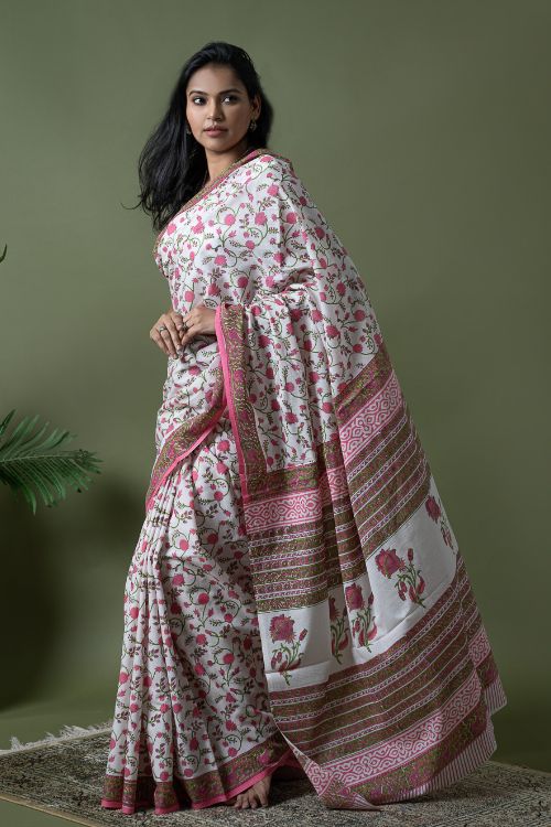 ICH Sanganer Statements. Hand Block Printed Mul Cotton Saree - White Flora