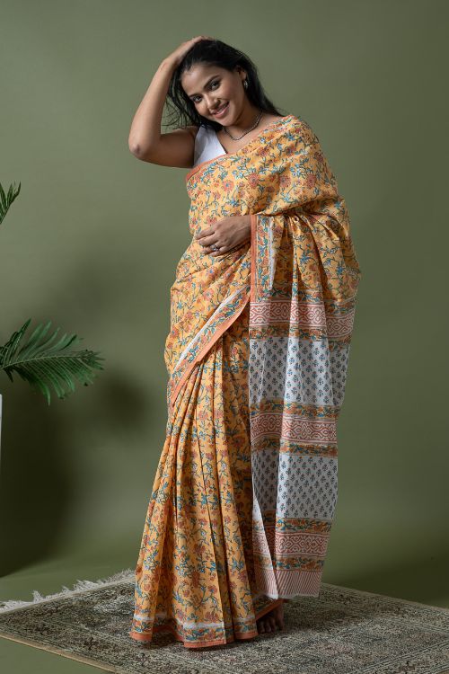 ICH Sanganer Statements. Hand Block Printed Mul Cotton Saree - Summer Floral