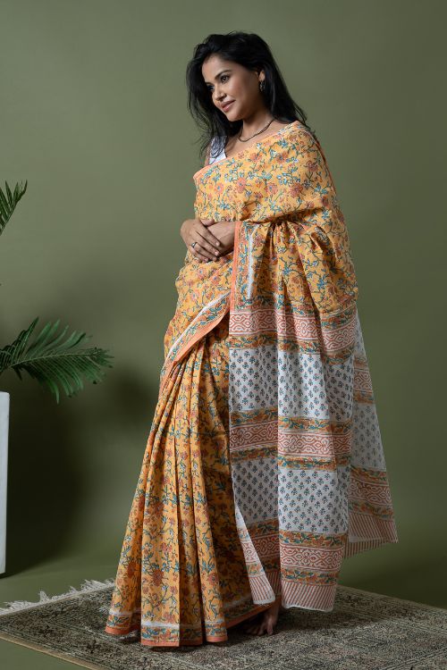 ICH Sanganer Statements. Hand Block Printed Mul Cotton Saree - Summer Floral