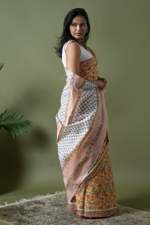 ICH Sanganer Statements. Hand Block Printed Mul Cotton Saree - Summer Floral