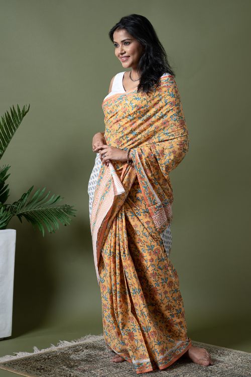ICH Sanganer Statements. Hand Block Printed Mul Cotton Saree - Summer Floral
