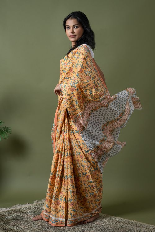 ICH Sanganer Statements. Hand Block Printed Mul Cotton Saree - Summer Floral