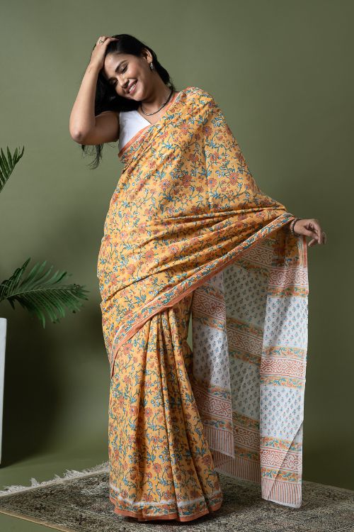 ICH Sanganer Statements. Hand Block Printed Mul Cotton Saree - Summer Floral