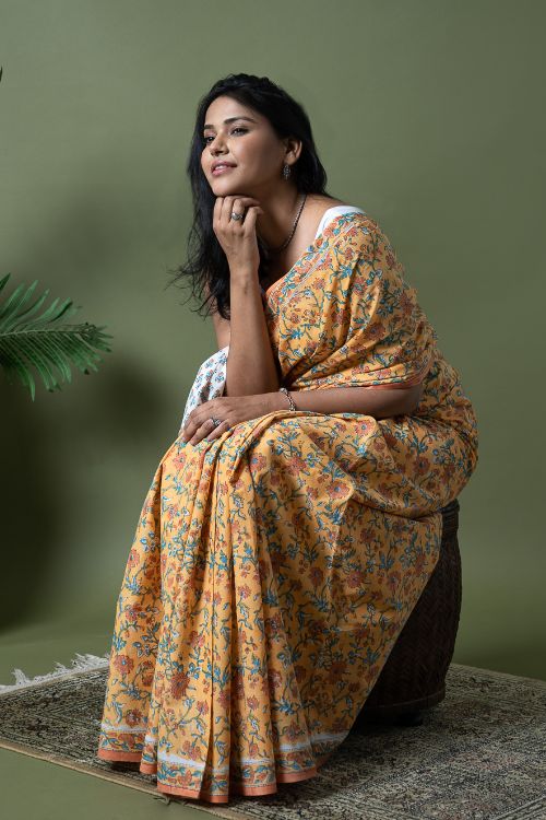 ICH Sanganer Statements. Hand Block Printed Mul Cotton Saree - Summer Floral