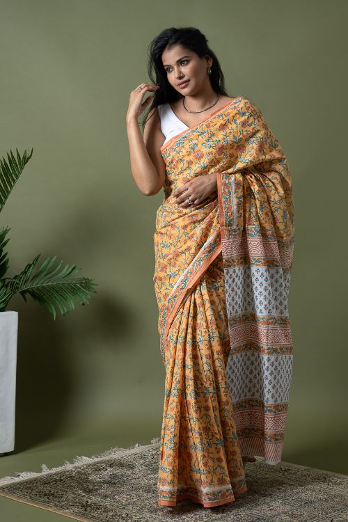ICH Sanganer Statements. Hand Block Printed Mul Cotton Saree - Summer Floral