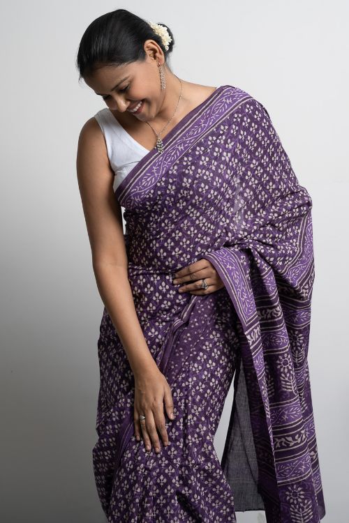 ICH Cotton Appeal. Dabu Hand Block Printed Mul Cotton Saree- Purple Florets