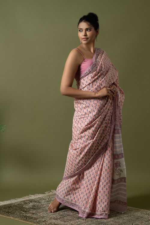 ICH Sanganer Statements. Hand Block Printed Mul Cotton Saree - Peach Florets