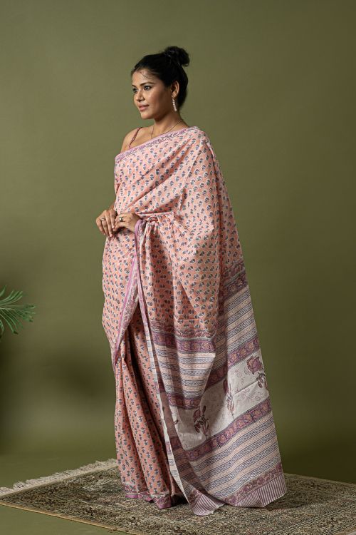 ICH Sanganer Statements. Hand Block Printed Mul Cotton Saree - Peach Florets