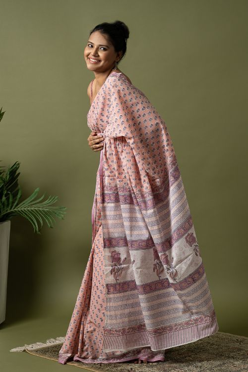 ICH Sanganer Statements. Hand Block Printed Mul Cotton Saree - Peach Florets