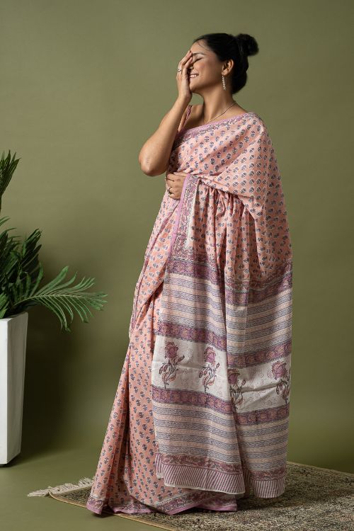 ICH Sanganer Statements. Hand Block Printed Mul Cotton Saree - Peach Florets