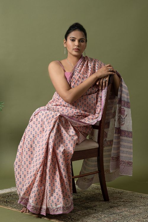 ICH Sanganer Statements. Hand Block Printed Mul Cotton Saree - Peach Florets