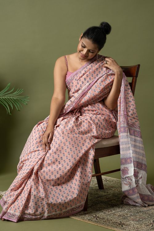 ICH Sanganer Statements. Hand Block Printed Mul Cotton Saree - Peach Florets