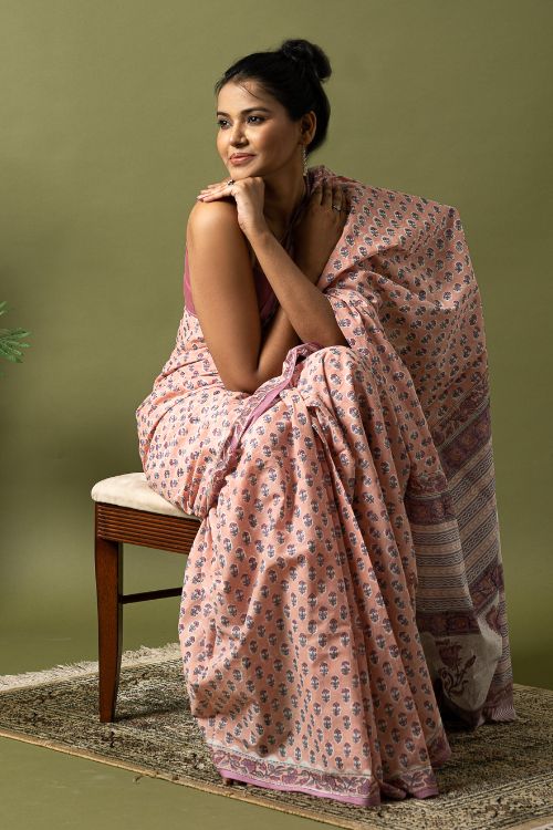 ICH Sanganer Statements. Hand Block Printed Mul Cotton Saree - Peach Florets
