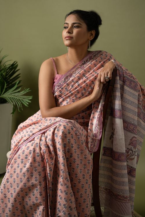 ICH Sanganer Statements. Hand Block Printed Mul Cotton Saree - Peach Florets