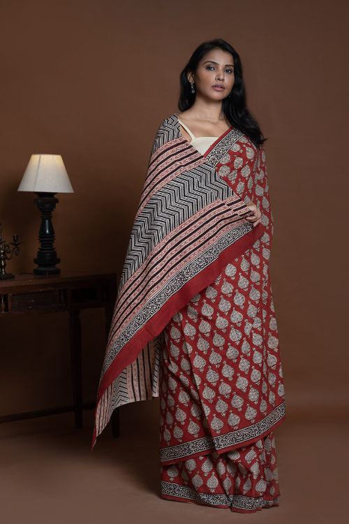 ICH Bagru Statements. Hand Block Printed Mul Cotton Saree - Red Ornate