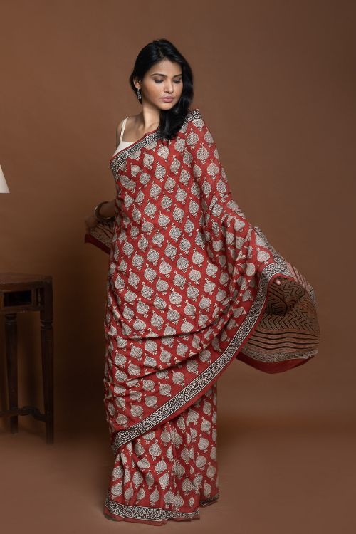 ICH Bagru Statements. Hand Block Printed Mul Cotton Saree - Red Ornate