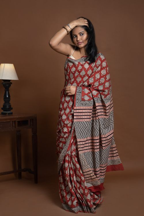 ICH Bagru Statements. Hand Block Printed Mul Cotton Saree - Red Ornate